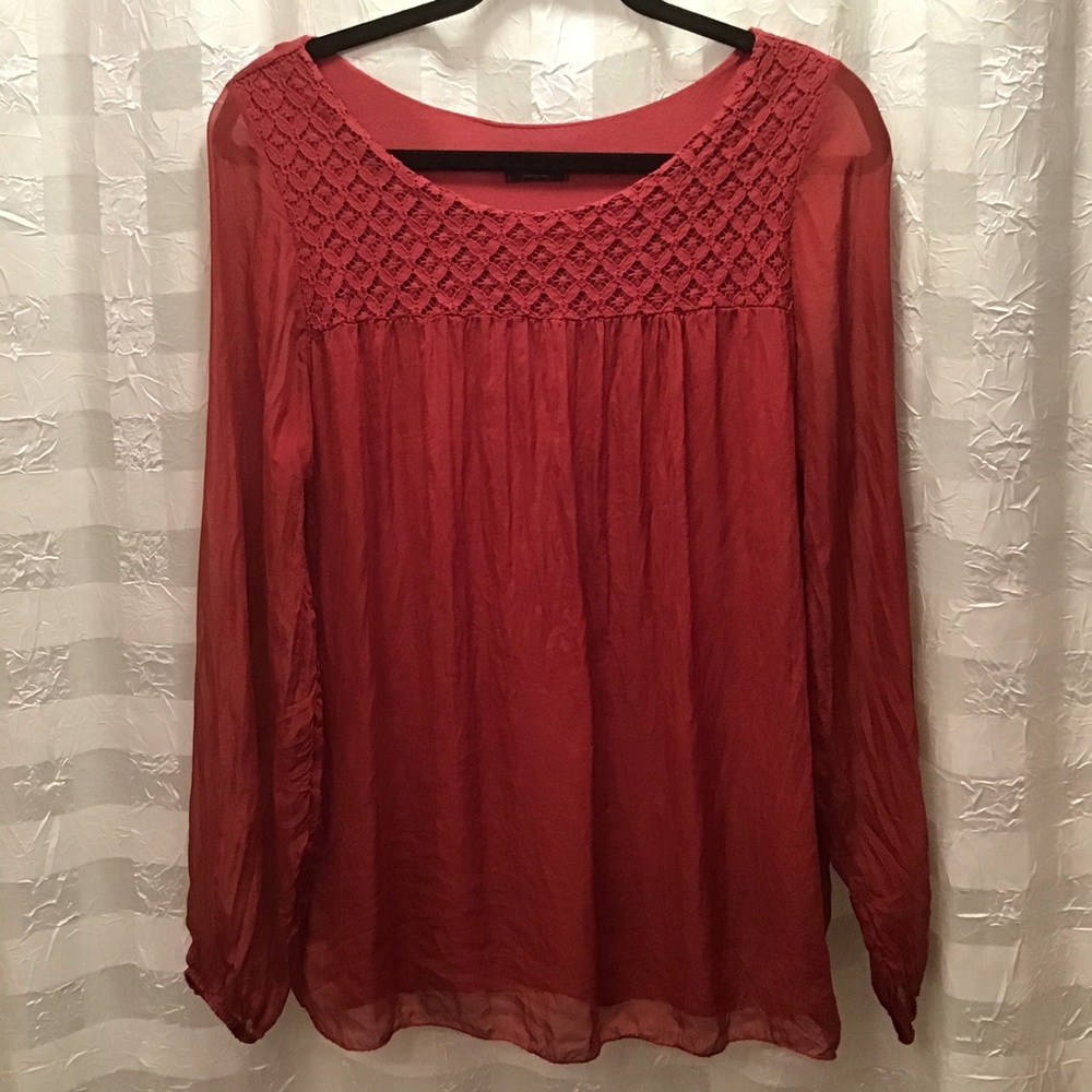 Cosmo Brick Red Silk Lined Top w/Sheer Sleeves